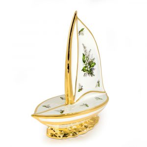 PRIMAVERA Dish boat with sail 34x14x36 cm, ceramic, color white, decor gold