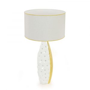 TOKIO Lampada Da Tavolo e paralume, ceramica, tessuto, Colore bianco, Decorazione oro, Crystal