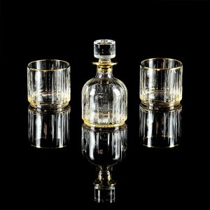 BINGO Комплект для виски: графин 300мл + 2 стакана 300мл, хрусталь янтарный/декор золото 24К, Тубус